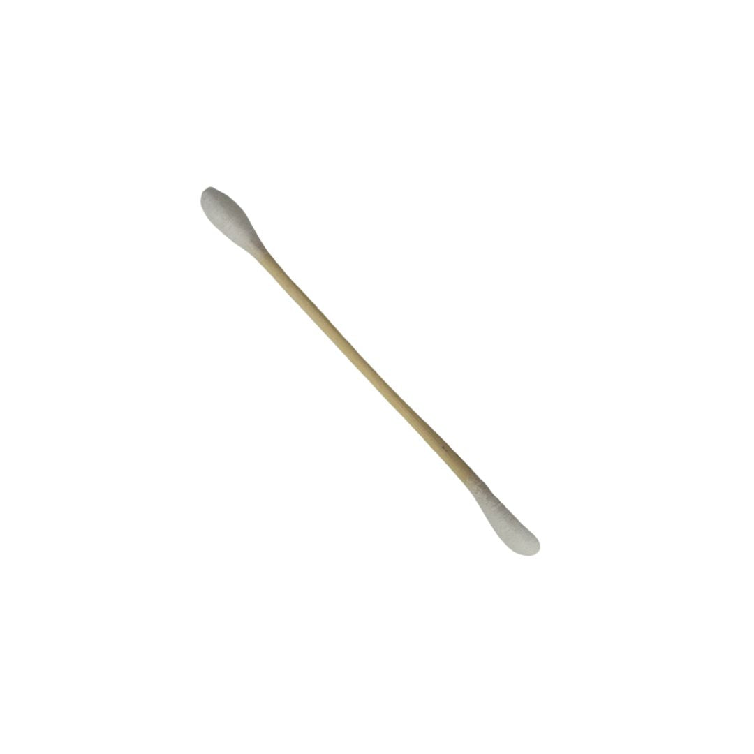 A single cotton swab with a light brown wooden handle and white cotton tips, shown diagonally on a plain white background.