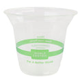 Clear compostable cup with green band and text on a white background