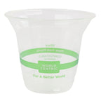 Clear compostable cup with green band and text on a white background
