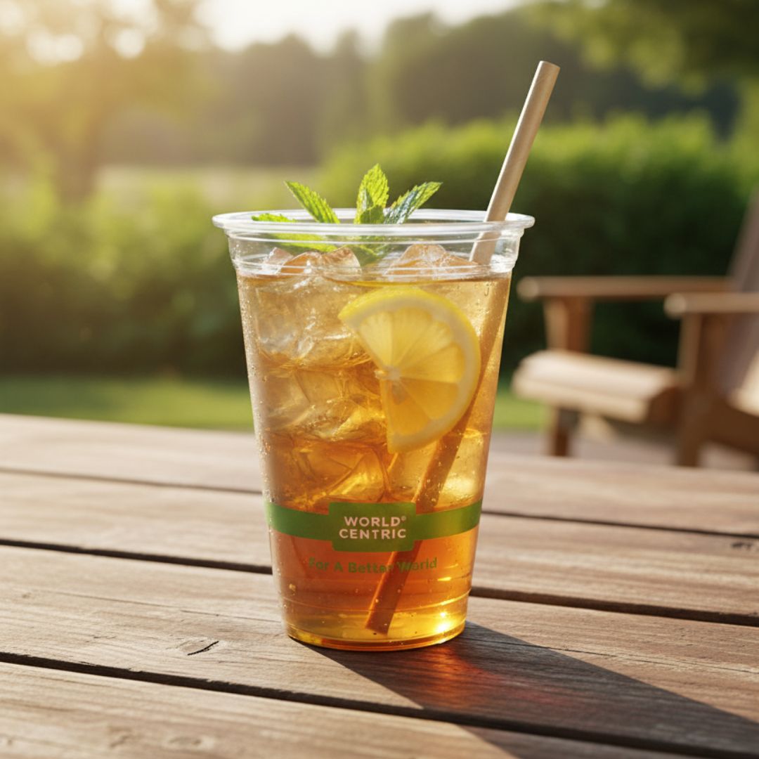 Iced tea with lemon and mint in a clear cup on a wooden table outdoors.