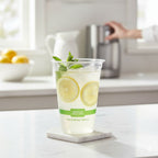Clear compostable plastic cup with lemon slices and mint leaves on a white surface, with a blurred kitchen background.