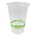 Clear compostable plastic cup with a green band featuring 'World Centric' branding on a white background