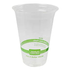 Clear compostable plastic cup with a green band featuring 'World Centric' branding on a white background