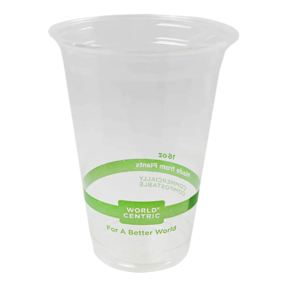 Clear compostable plastic cup with a green band featuring 'World Centric' branding on a white background
