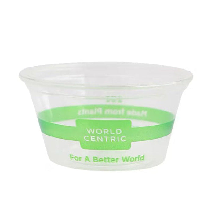 Clear compostable cup with green band and text on a white background