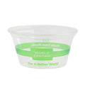 Clear compostable cup with green band and text on a white background