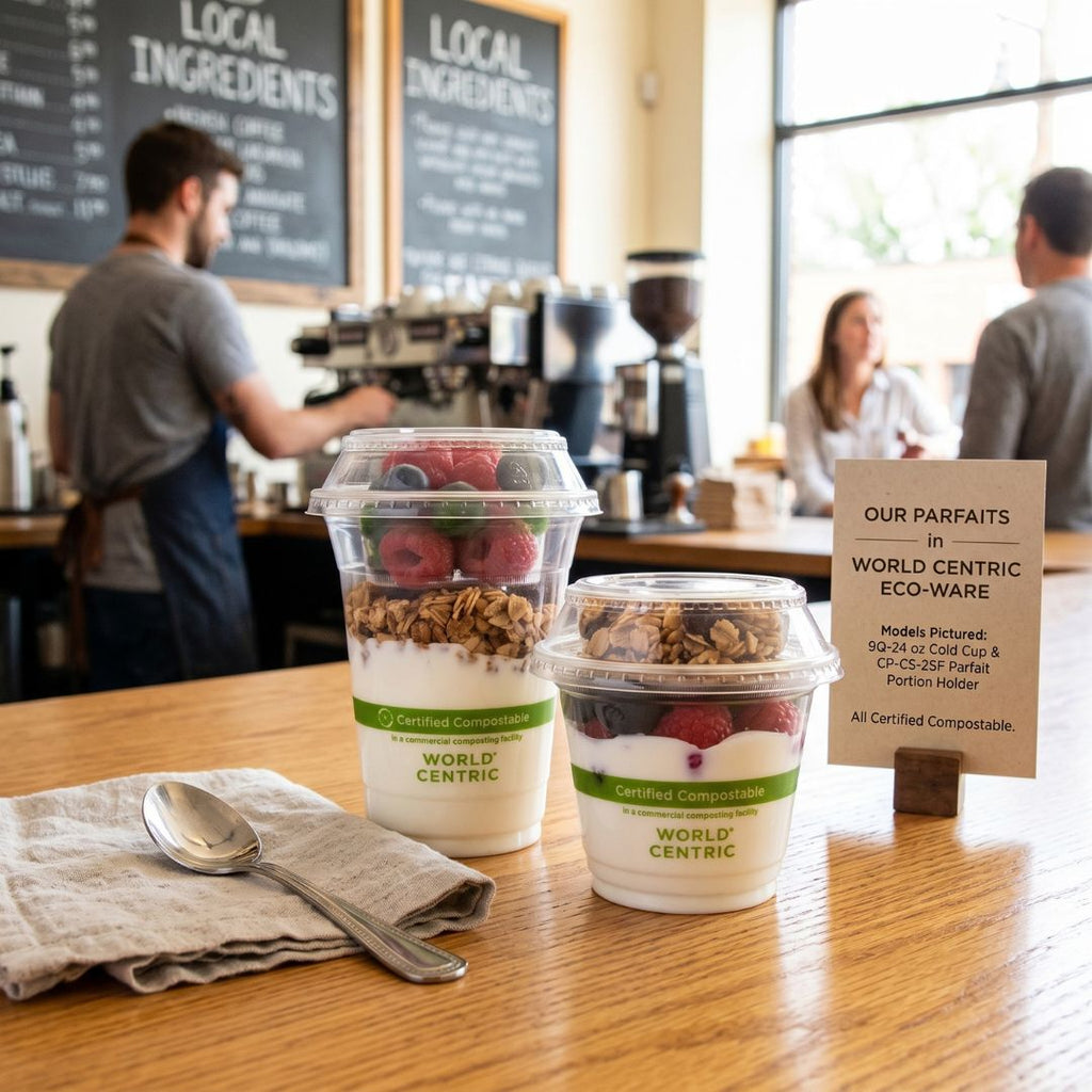 Two parfait containers with granola and berries on a wooden table in a cafe setting.