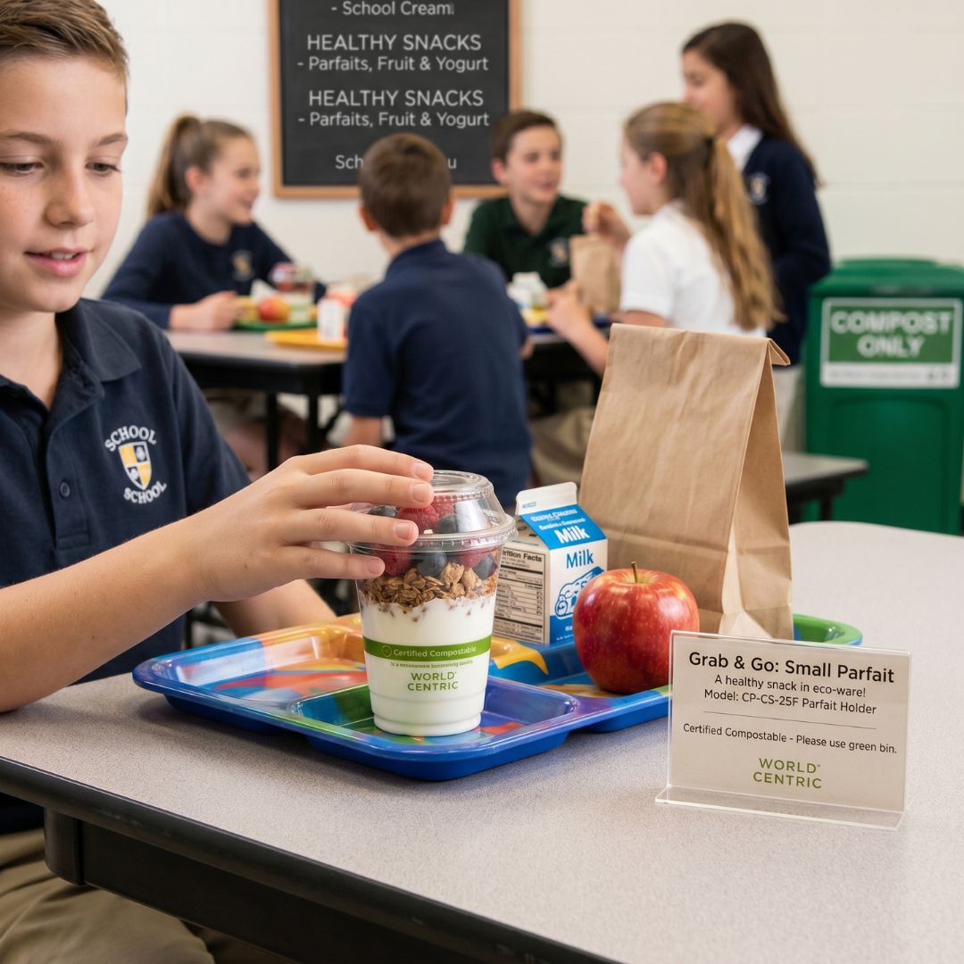 Child in a school setting with a parfait and apple on a tray, surrounded by classmates and healthy snack options.