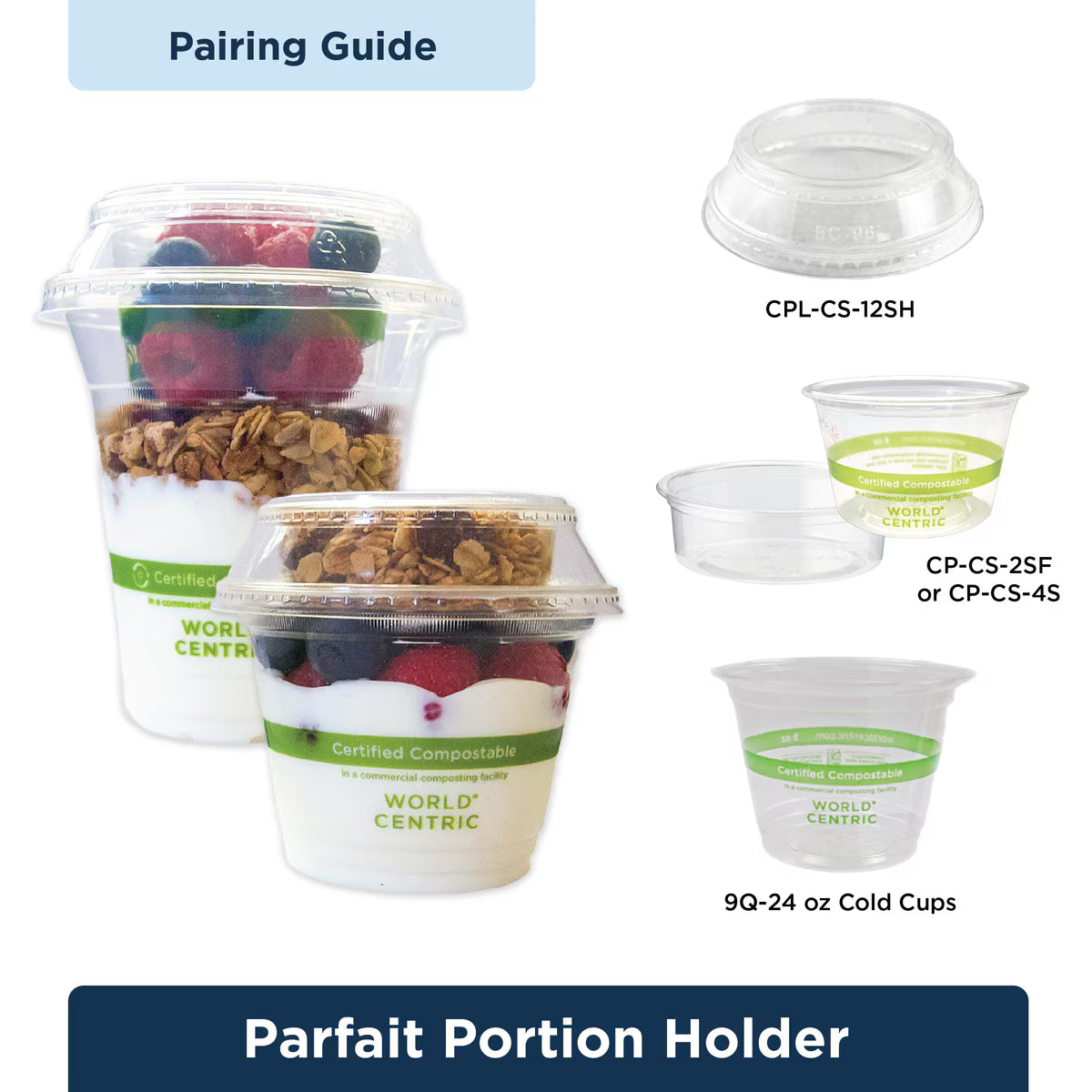 Parfait portion holder with World Centric branding and various components on a white background.