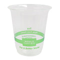 Clear compostable plastic cup with green label on a white background
