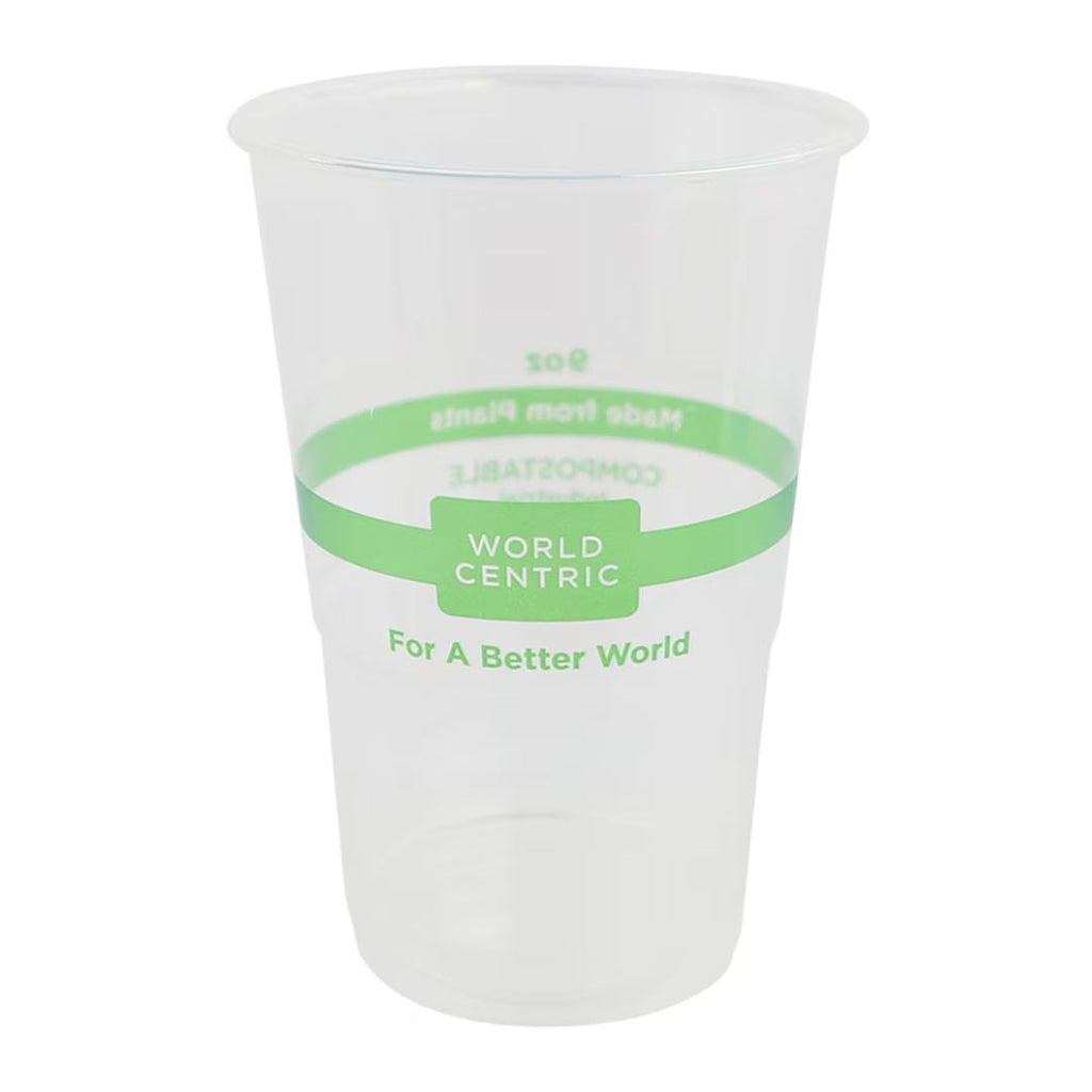 Clear compostable cup with green band and text on a white background
