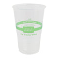 Clear compostable cup with green band and text on a white background