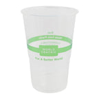 Clear compostable cup with green band and text on a white background