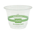 Clear plastic cup with green band and text on a white background
