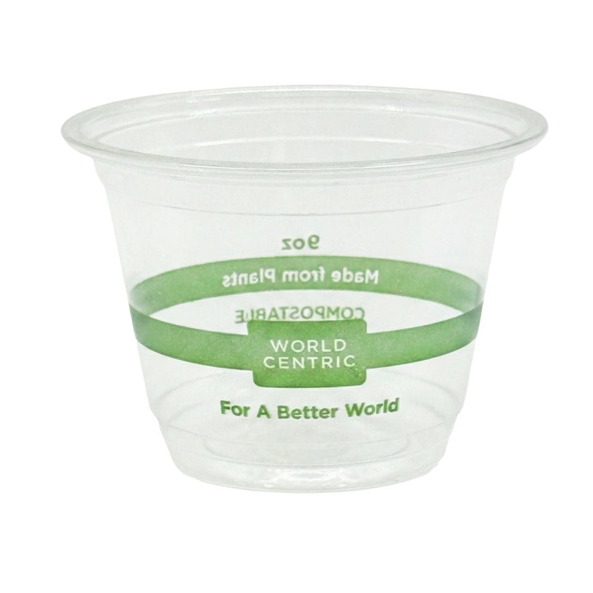 Clear plastic cup with green band and text on a white background