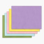 A stack of tissue paper sheets in pastel colors, with a lavender purple sheet on top, followed by yellow, pink, light blue, and olive green sheets, shown on a white background.