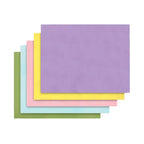 A stack of five tissue sheets in pastel colors, with a lavender purple sheet on top, followed by yellow, pink, light blue, and olive green, on a plain white background.