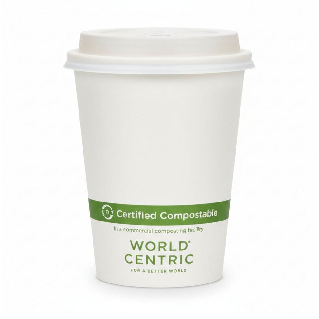 White compostable coffee cup with World Centric branding on a white background