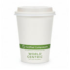 White compostable coffee cup with World Centric branding on a white background