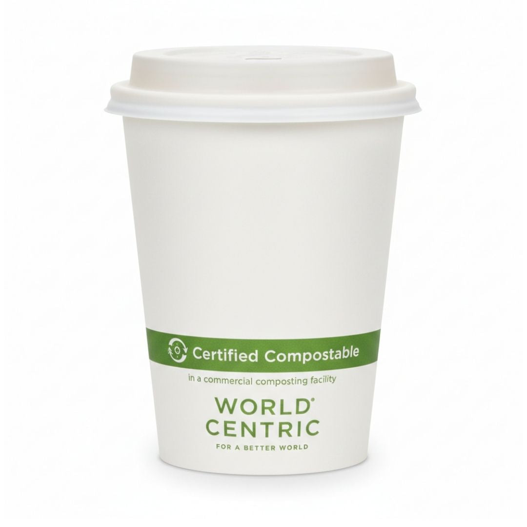White compostable coffee cup with World Centric branding on a white background
