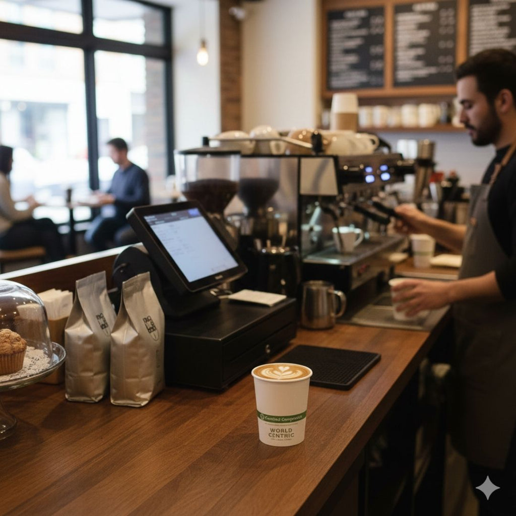 Barista preparing a coffee at a counter with a computer and coffee bags in a cafe with a coffee on the counter.