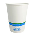 White paper cup with a blue band displaying 'World Centric' on a white background
