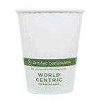White paper cup with World Centric compostable label on a white background