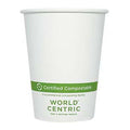 White paper cup with World Centric compostable label on a white background