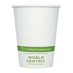 White paper cup with World Centric compostable label on a white background