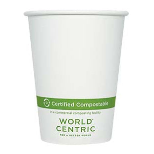 White paper cup with World Centric compostable label on a white background