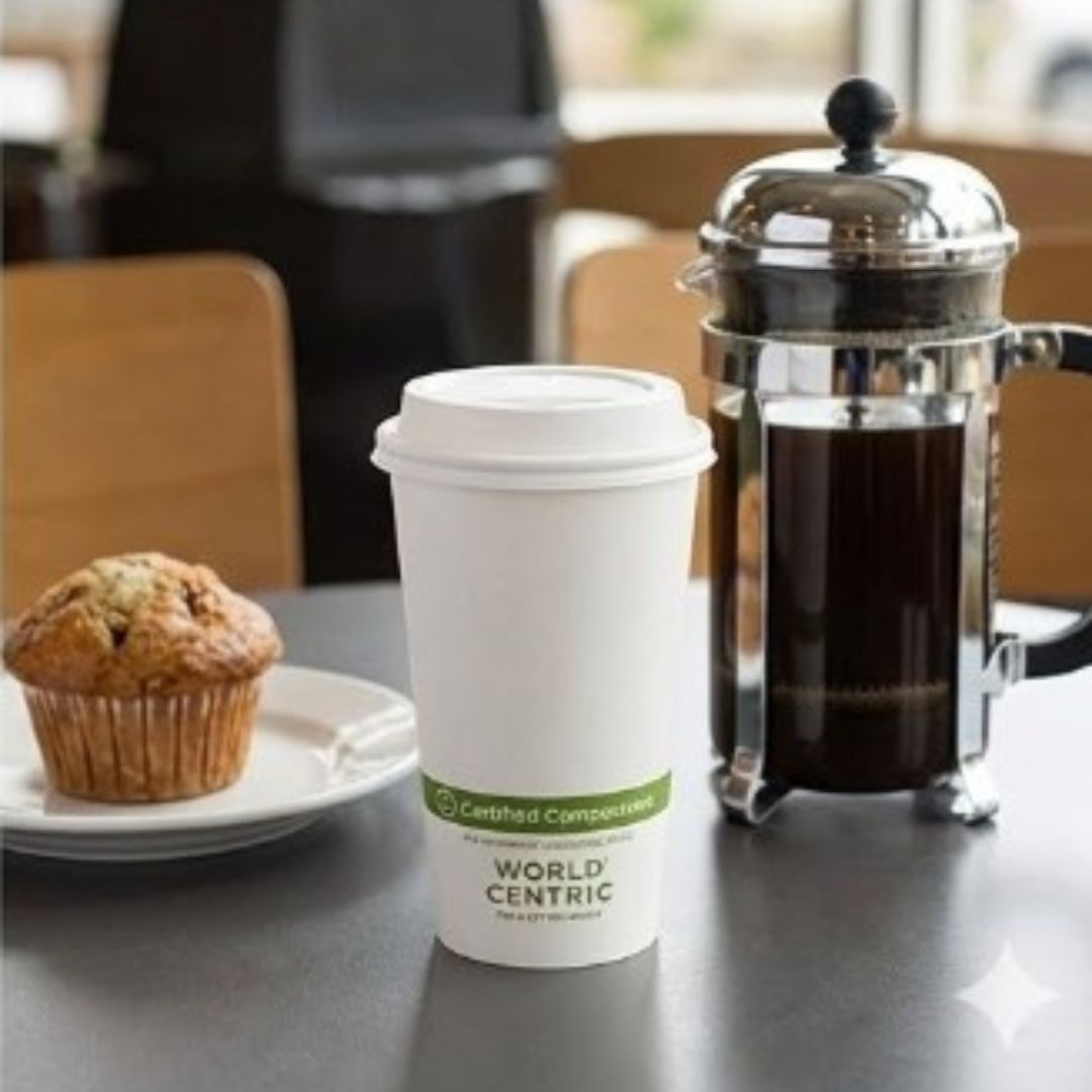 Coffee cup with World Centric label, muffin, and French press on a table.