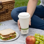 Person holding a World Centric coffee cup with a picnic setup including a sandwich, fruit, and a basket.