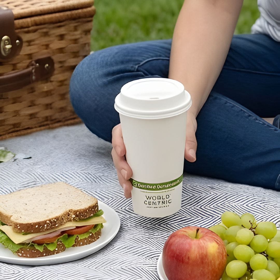 Person holding a World Centric coffee cup with a picnic setup including a sandwich, fruit, and a basket.