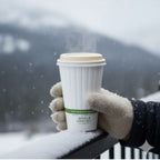 Hand holding a coffee cup with a snowy landscape in the background