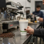 Person holding a coffee cup in front of a coffee machine with coffee beans on a counter.