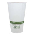 White paper cup with 'World Centric' compostable label on a white background