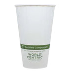 White paper cup with 'World Centric' compostable label on a white background