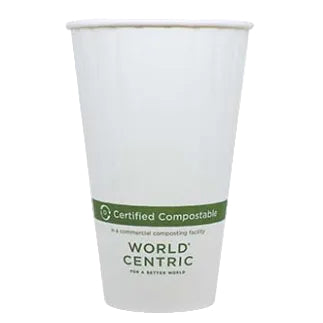 White paper cup with 'World Centric' compostable label on a white background