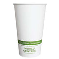 White paper cup with World Centric compostable label on a white background