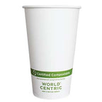 White paper cup with World Centric compostable label on a white background