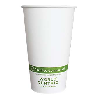 White paper cup with World Centric compostable label on a white background
