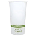 White paper cup with World Centric certification label on a white background