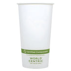White paper cup with World Centric certification label on a white background