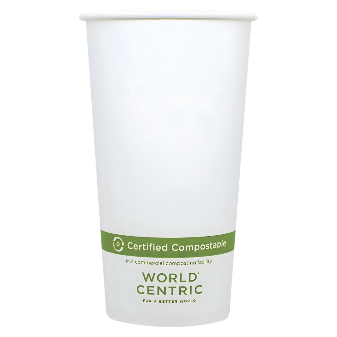 White paper cup with World Centric certification label on a white background
