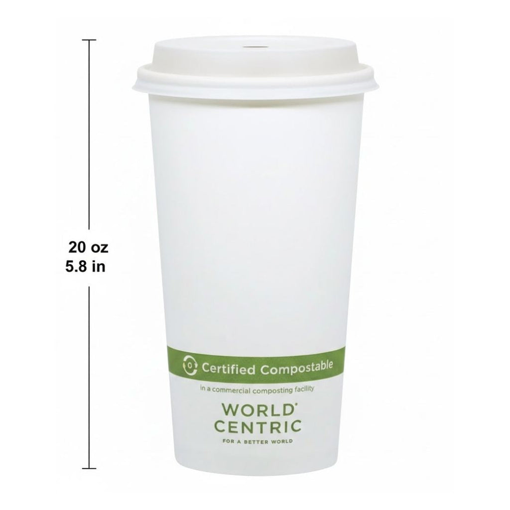 White paper cup with World Centric branding and compostable label, showing dimensions.