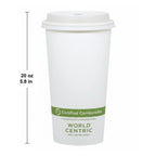 White paper cup with World Centric branding and compostable label, showing dimensions.