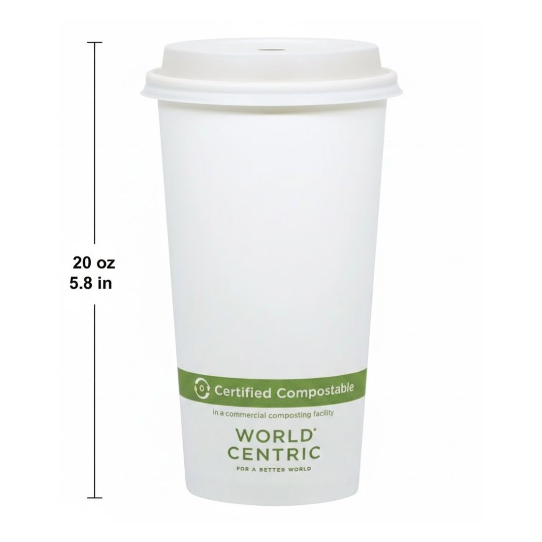 White paper cup with World Centric branding and compostable label, showing dimensions.