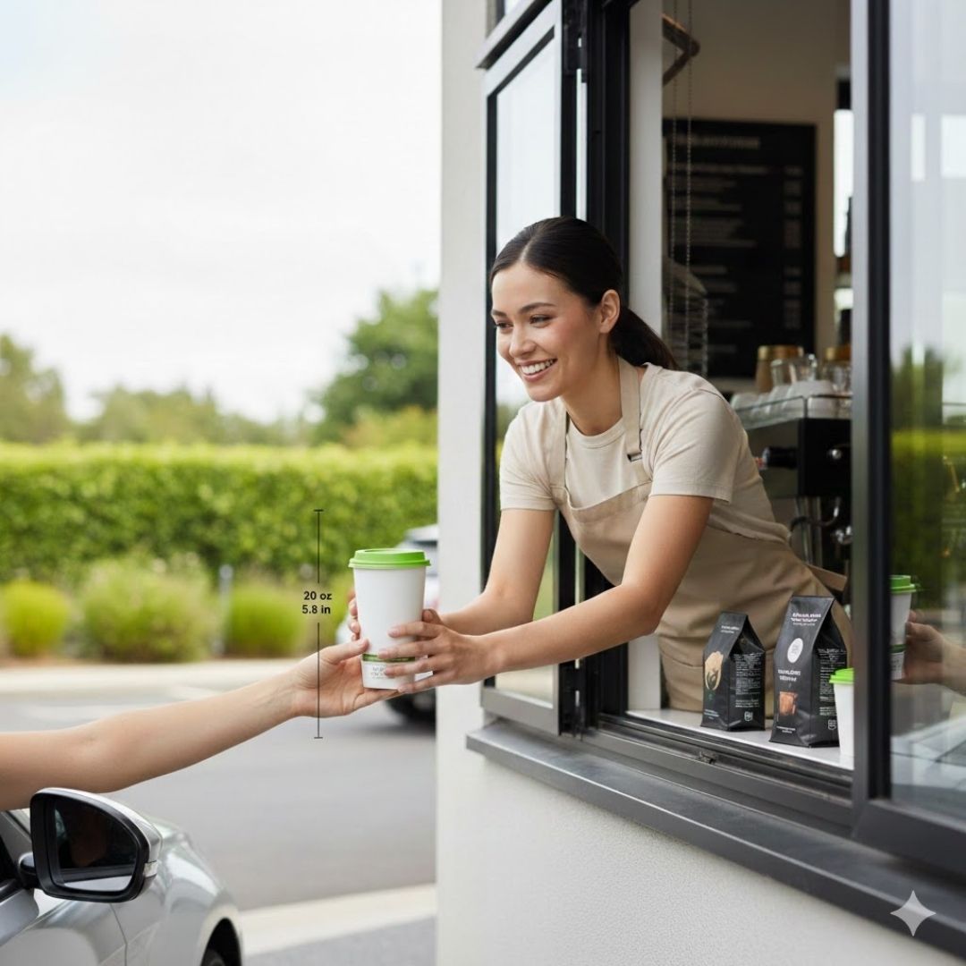 Person receiving a compostable coffee cup from a smiling employee at a drive-thru window.