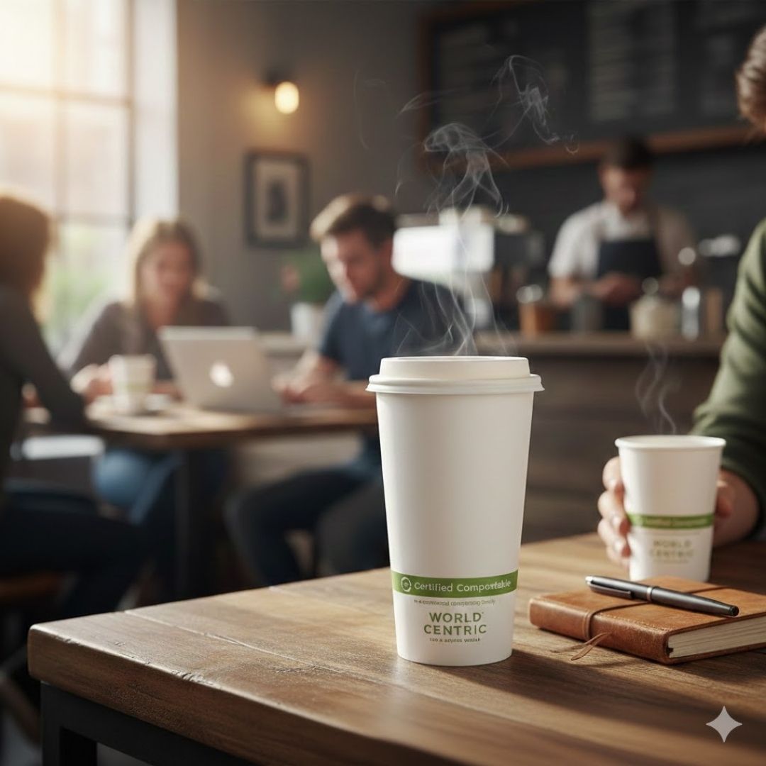 Steaming coffee cup on a table with people in a cafe in the background