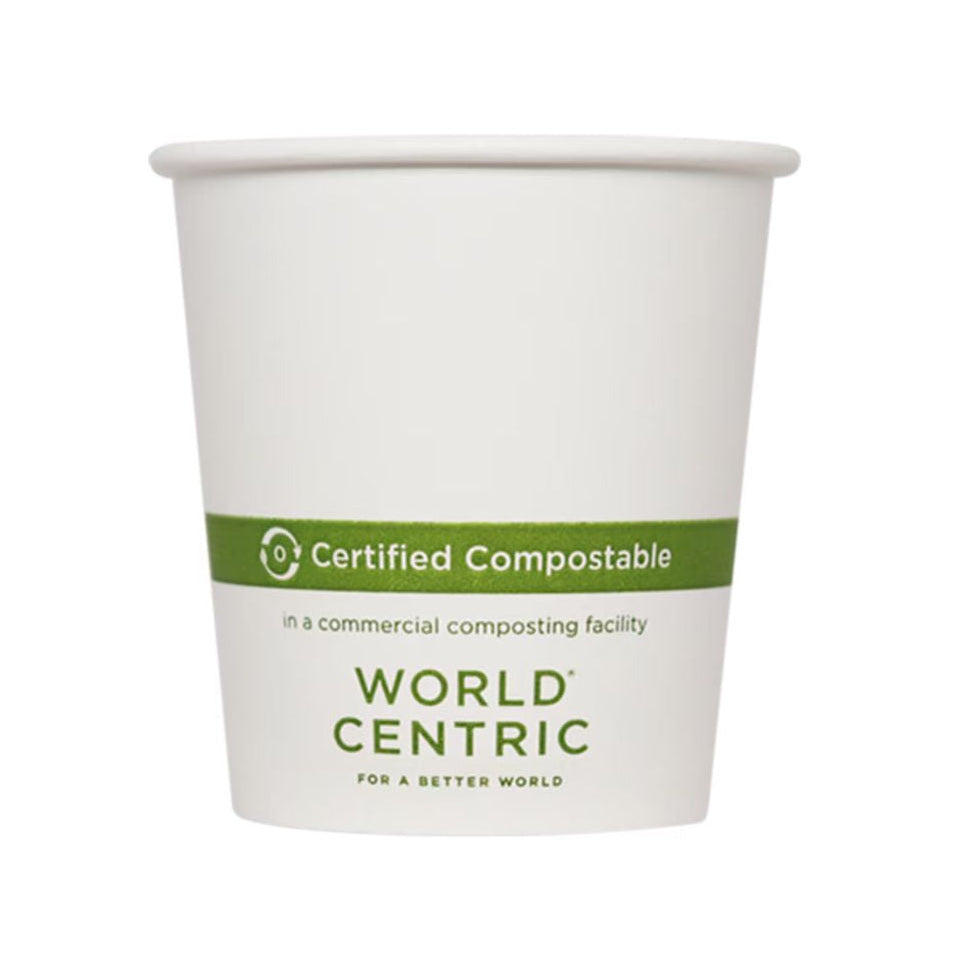 White paper cup with World Centric certification label on a white background